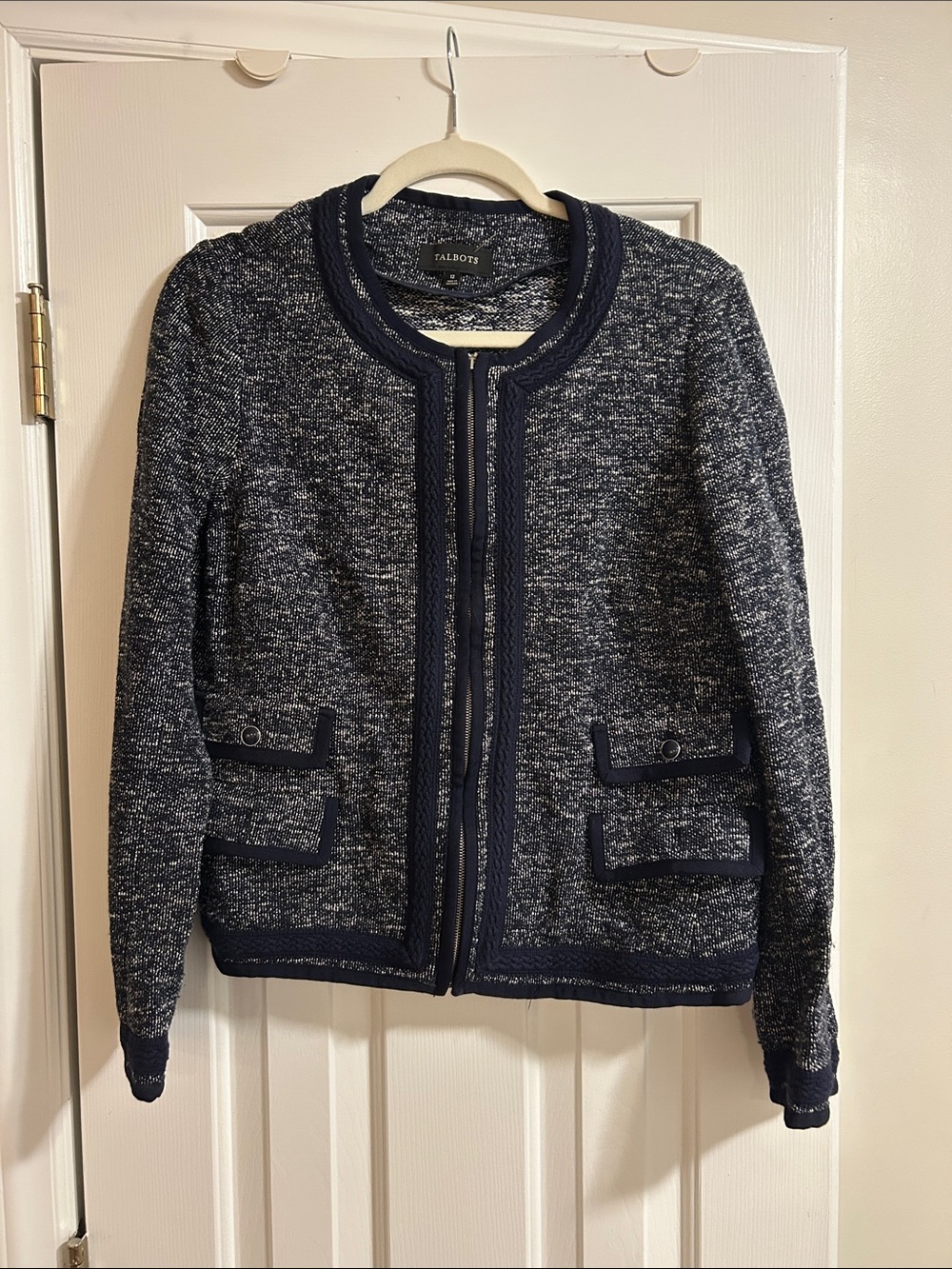 Talbots Navy and White Tweed Zip-Front Blazer